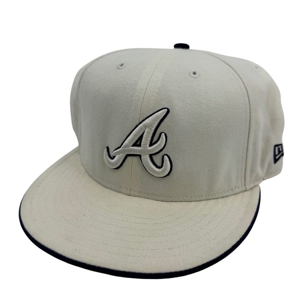 New Era 59FIFTY Atlanta Braves Fitted Hat 7 5/8 Cream Navy Blue MLB Cap